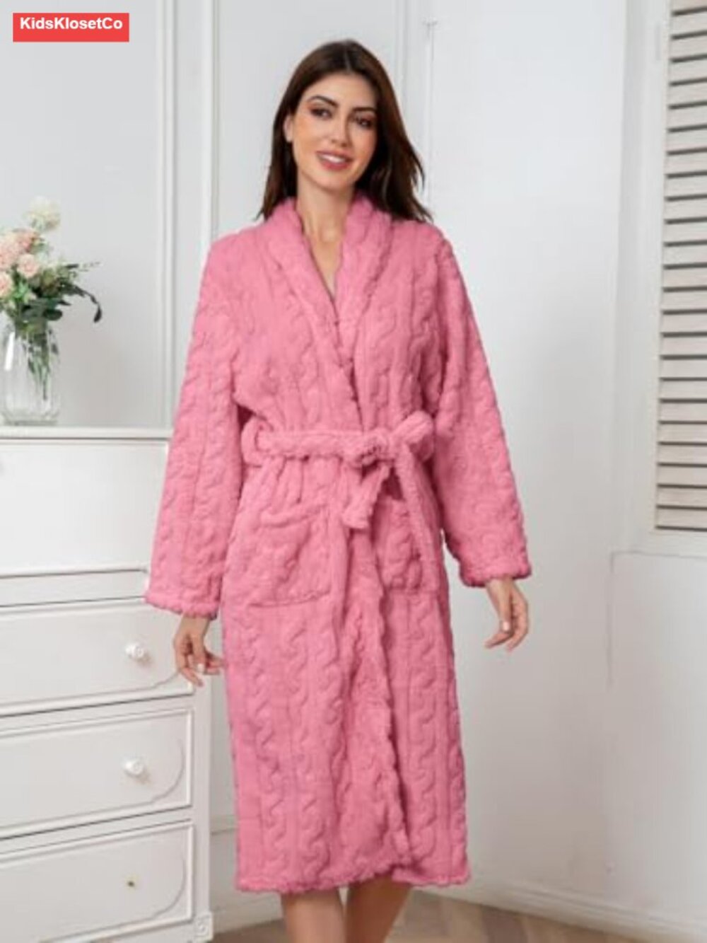 Girls Soft Fleece Bathrobe Plush Flannel Hoodless with Belt and Pockets - Picture 5 of 6